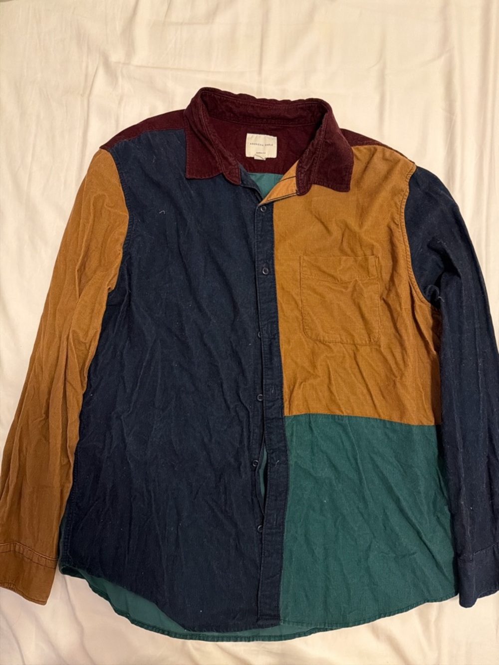 Colorblock Button-Up Shirt Jacket — Navy, Mustard & Teal